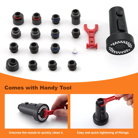 No Sweat Matte Black Kitchen Faucet Replacement Head With Solid 15 Piece Adapter Kit and handy tool for quick installation.