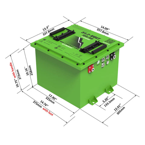 48V LiFePO4 Golf Cart Battery 105Ah 5.376kWh With 250A BMS, green battery with dimensions shown, compatible with Club Car eNVy