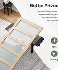 Glass Sliding Barn Door Kit 34 By 84 Inch with Six Feet of Hardware, Five Panel Frosted Glass, Spruce Wood Frame on table.