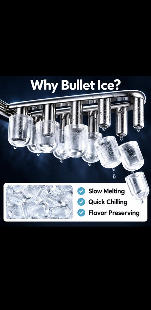 Swift As Lightning Countertop Ice Maker With Handle showing fresh bullet ice being dispensed from the machine.