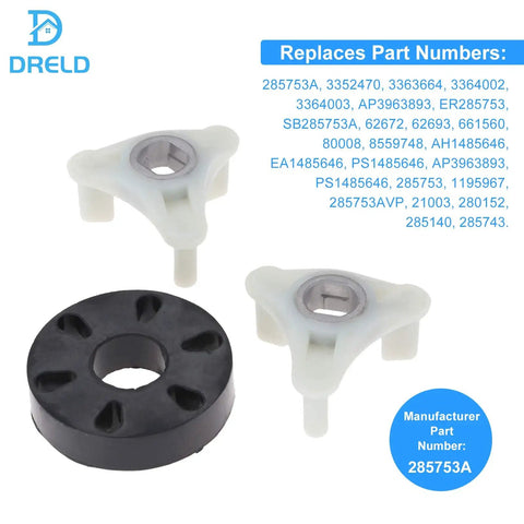 285753A Washer Metal Core Motor Coupling Replacement for Top Load Machines Premium Quality Direct Fit Snap In Easy Install DIY Friendly Non OEM Part That Fixes Will Not Start Will Not Agitate Or Will Not Drain, shown with black and white couplers