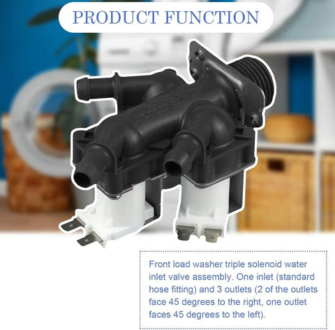 Front Load Washing Machine Water Inlet Valve Replacement With Triple Solenoid 5221ER1003A 5220FR2075L For LG And Kenmore Includes Filter Screen Easy Install Durable Top Notch Valve, black plastic