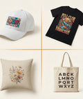 Collage of items showing Direct To Film Transfer Film Roll 13 Inch By 328 Feet Glossy Single Sided PET for T-shirts, caps, bags, cushions.