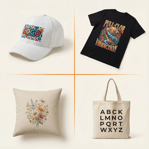 Collage of items showing Direct To Film Transfer Film Roll 13 Inch By 328 Feet Glossy Single Sided PET for T-shirts, caps, bags, cushions.