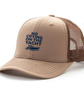 Boat Day Trucker Hat For Men And Women, Cool Breathable Athletic Cap, beige with blue text, curved brim, unisex outdoor sun hat