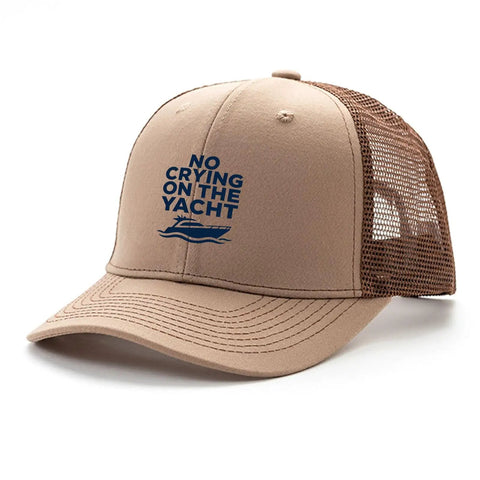 Boat Day Trucker Hat For Men And Women, Cool Breathable Athletic Cap, beige with blue text, curved brim, unisex outdoor sun hat