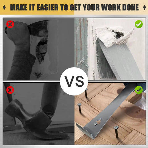 Comparison showing Two Piece Stainless Steel Pry Bar Scraper Set with ineffective tools for nail pulling and trim removal