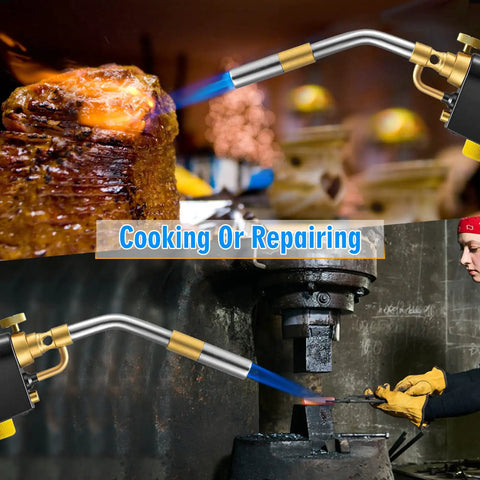 Heavy Duty High Intensity Mapp Gas Propane Torch For Welding Soldering Brazing And Cooking Kit With Trigger Start And Self Ignition in use.
