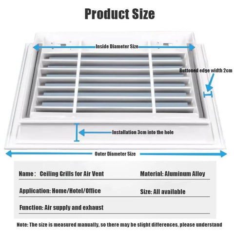 Smooth 39 Inch Aluminum Louvered Ceiling Vent Covers For No Sweat HVAC Air Return Installation providing detailed product size specifications.