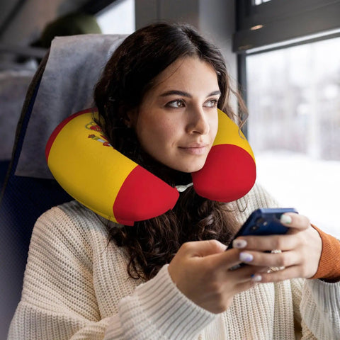 Woman using Spanish Flag Print U Shaped Travel Pillow With Memory Foam Core for Napping on Planes Cars Trains Home or Office