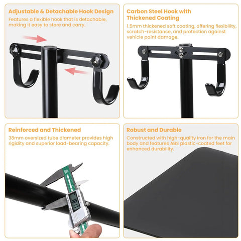 Heavy Duty Bike Floor Stand For Indoor Garage Upright Storage Rack With Adjustable Rubber Hooks, steel pillar details shown