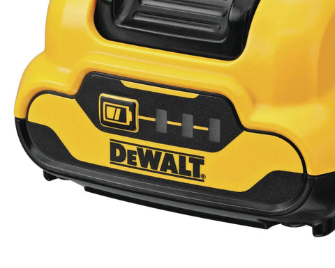 Close-up of DeWalt branding on 12V Max Battery 3.0Ah with fuel gauge and 3 LED charge indicator for 12V Max Tools