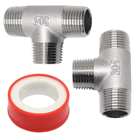 Two Pack 304 Stainless Steel NPT Male Tee Fittings One-Half Inch Three Way Pipe Tee For Oil Air And Gas Lines Tough As Nails Industrial Grade