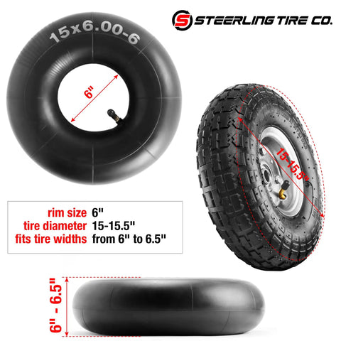 Heavy Duty 15x6.00-6 Inner Tubes 2 Pack With TR-13 Straight Valve Stem for lawn mowers, go-karts, golf carts and more