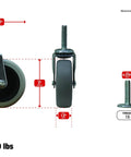 3 Inch Threaded Stem TPR Caster With 110 Lb Load Capacity, Gray TPR Wheel On Black Polypropylene Hub, Ball Bearing Swivel, Three Eighths Inch Threaded Stem, One And A Half Inch Stem Length, For Quick Secure Installation With 16 Nuts, Quiet Non Marking