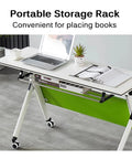 Heavy Duty Folding Computer Desk With Flip Top Layout And Four Sleek Rolling Casters, featuring a portable storage rack for books.