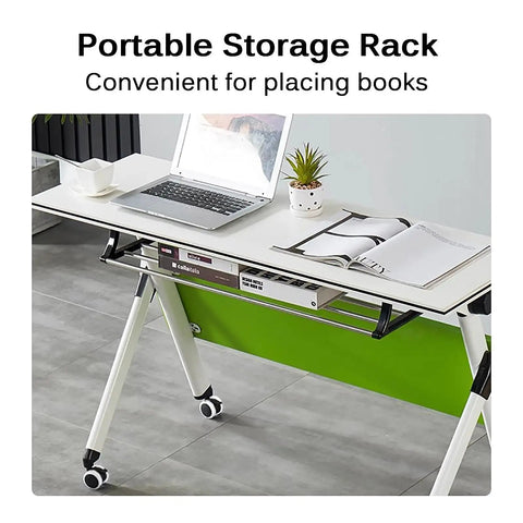 Heavy Duty Folding Computer Desk With Flip Top Layout And Four Sleek Rolling Casters, featuring a portable storage rack for books.