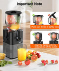 This Super Quiet 400W Cold Press Juicer Boasts A Massive 5.8 Inch Wide Chute For Fast And Easy Prep on a countertop with fruits.