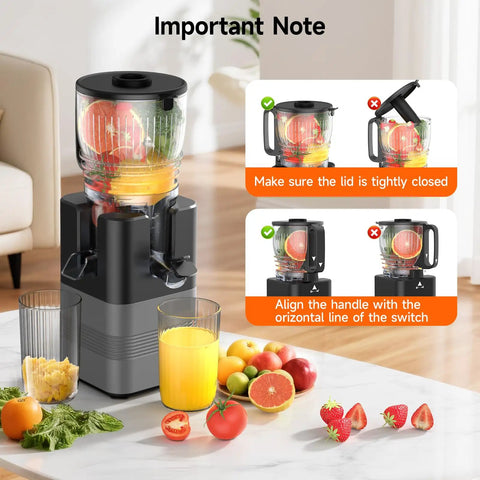 This Super Quiet 400W Cold Press Juicer Boasts A Massive 5.8 Inch Wide Chute For Fast And Easy Prep on a countertop with fruits.