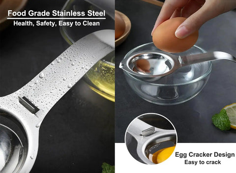 Stainless Steel Egg Separator And Yolk White Filter No Mess Kitchen Gadget shown on a glass bowl with cracked egg use