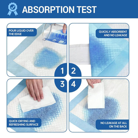 Absorption test of Extra Large Disposable Bed Pads 40x60 showing liquid application, quick absorbency and leak proof functionality.