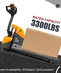 Heavy Duty 3300 Lb Capacity Electric Pallet Jack Truck with solid forks and a cardboard box, showcasing 3300lbs rating.