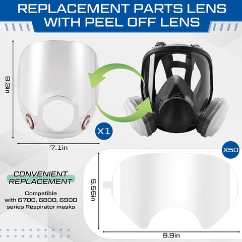 Replacement Lens for 6000 Series Full Face Respirator and 50 Pack Peel Off Lens Covers with dimensions