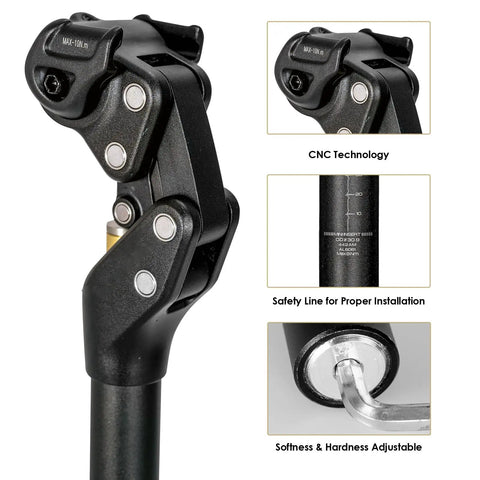 Close-up of Shock Absorbing Suspension Seatpost With Four Bar Linkage For MTB Gravel Road And E-Bikes, 45mm Travel, Universal Fit