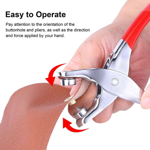 Using 1203Pcs Grommet Eyelet Pliers Tool Kit With 1/4 Inch Eyelets And Washers on fabric; close-up view of pliers in hand