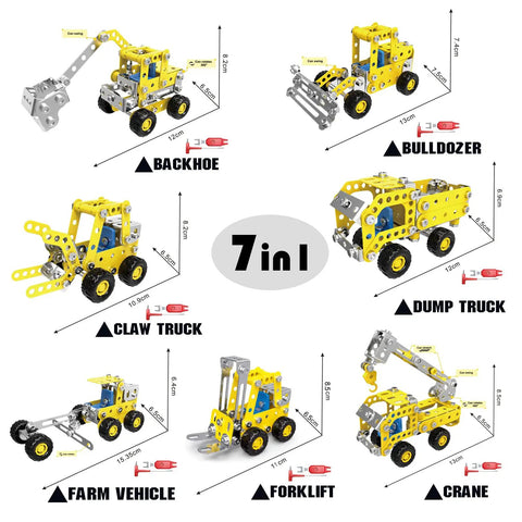 7 In 1 STEM Vehicle Kit For Kids Ages 8 9 10 11 12 Plus 180 Piece Construction Set For Building Forklift Dump Truck Crane Bulldozer