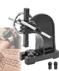 Three Ton Arbor Press With Smooth Handwheel Adjustment And Heavy Duty Steel Frame For Precision Stamping And Leather Craft Bang Out Daily Shop Tasks Rock Solid Benchtop Force Tool with black cast iron body and attachments.