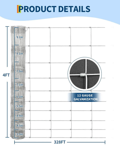 Cattle Fence 4ft By 328ft Heavy Duty Galvanized Wire And Chain Link Fence with measurement details and 12 gauge galvanization