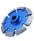 4 Inch Diamond Crack Chaser Grinding Wheel With 0.375 Inch Thick Segments For Concrete Crack Repair And Mortar Joint Raking 5 By 11 Arbor Tuckpointing Tool For Masonry Surfaces blue wheel view.