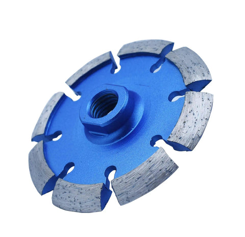 4 Inch Diamond Crack Chaser Grinding Wheel With 0.375 Inch Thick Segments For Concrete Crack Repair And Mortar Joint Raking 5 By 11 Arbor Tuckpointing Tool For Masonry Surfaces blue wheel view.