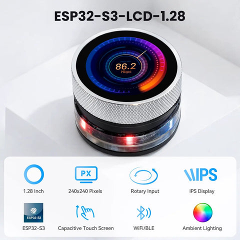 1.28 Inch ESP32 S3 Round Knob Touch Display 240x240 Rotary Panel With Capacitive Touch and Physical Knob For Snappy Menu Navigation and Precise Parameter Control For Smart Projects, round IPS display