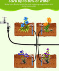 Diagram of Automatic Lawn Sprinkler System With 32.8Ft 8 to 12 Tubing And 16.4Ft 4 to 7 Tubing Kit, illustrating water flow to plants.
