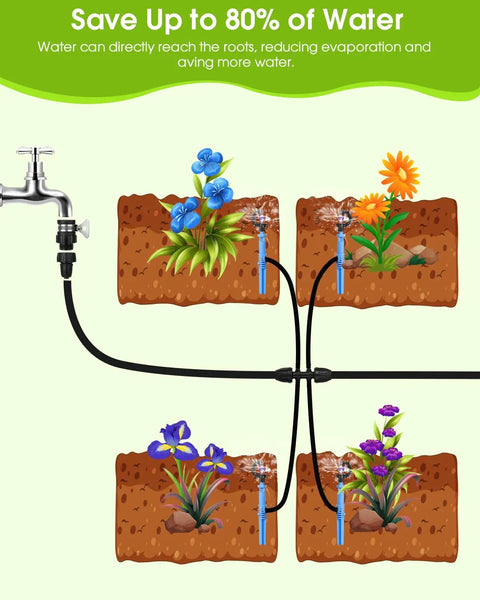 Diagram of Automatic Lawn Sprinkler System With 32.8Ft 8 to 12 Tubing And 16.4Ft 4 to 7 Tubing Kit, illustrating water flow to plants.