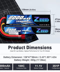 3S 11.1V 8000mAh RC LiPo Battery 100C with T Connector Hard Case dimensions and specifications