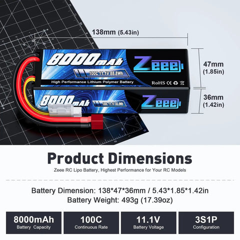 3S 11.1V 8000mAh RC LiPo Battery 100C with T Connector Hard Case dimensions and specifications