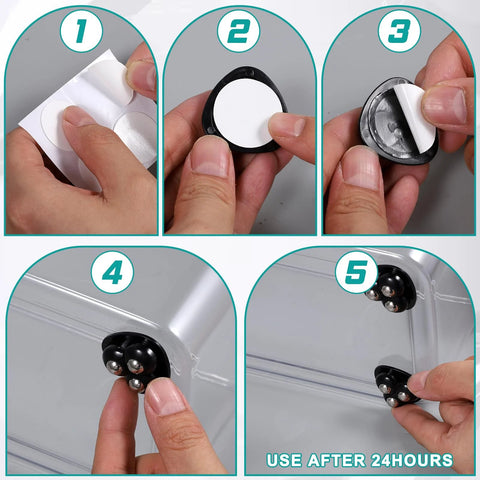 Installation steps for 12 Pieces Self Adhesive Appliance Rollers With 360 Degree Rotation Caster Wheels for small appliances.