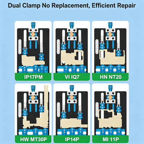 Six Grab And Go Adjustable Jaw Clamp Fixtures for Motherboards and PCBs, shown in different configurations for dual clamp use.