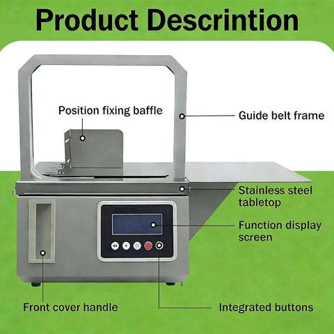 Compact Semi-Automatic Strapping Machine For Tabletop Use In Supermarkets with stainless steel tabletop and function display screen.