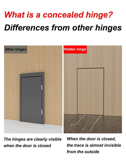 Comparison of a visible hinge door vs. a hidden hinge door showcasing features of Invisible Cabinet Hinges 2 Pack 180 Degree Cross Hinges for Kitchen Cabinets Zinc Alloy Concealed Door Hinge Set with Stainless Steel Bearing and Thickened Plate for Smooth Silent Full Opening Pro Grade Quality