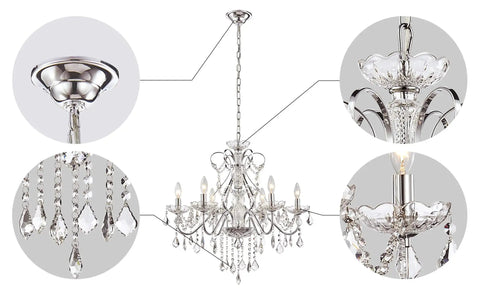 6 Light Crystal Chandelier With Chrome Finish Pendant Lighting For Dining Room Bedroom Living Room Raindrop Style LED Ready Height 23 Inches