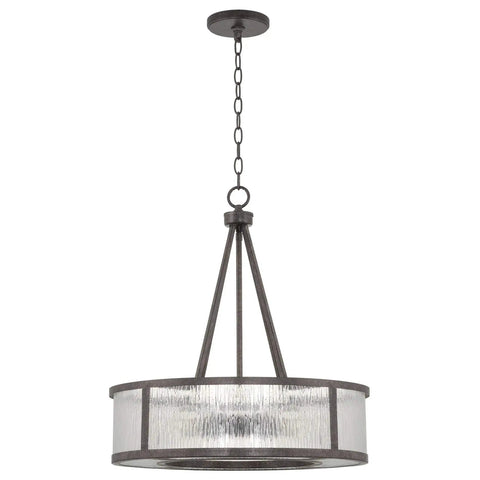 Cheyenne 23 Inch Four Light Modern Drum Chandelier With Rippled Glass Panel Shade In Galvanized Steel Finish