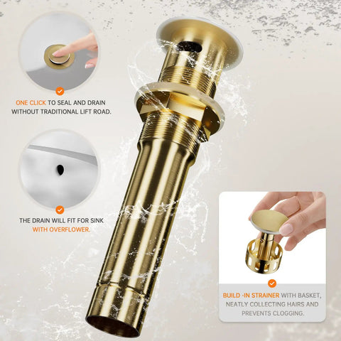 Close-up of brushed gold pop-up drain component of Brushed Gold Bathroom Sink Faucet With Waterfall Design, Widespread 8-Inch 3-Hole Mount