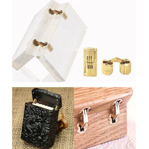 Hidden Brass Barrel Cabinet Hinges Set 10 Pack 0.4 Inch 10mm concealed 180 degree opening on clear and wooden surfaces
