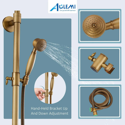 Antique Brass Tub Shower Faucet Set With 8 Inch Shower Head and Handheld Spray, featuring Triple Function Mixer and Diverter