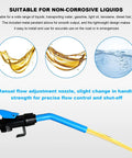 Heavy Duty No Sweat Portable Battery Operated Electric Siphon Pump With Adjustable Flow Control 2.2 GPM showing manual flow adjustment nozzle and liquid samples.
