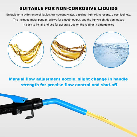 Heavy Duty No Sweat Portable Battery Operated Electric Siphon Pump With Adjustable Flow Control 2.2 GPM showing manual flow adjustment nozzle and liquid samples.